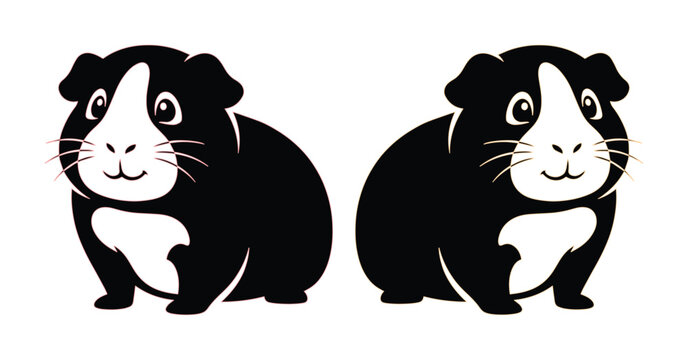 Minimalist guinea pig vector illustration, cute black and white cavy pet characters, stylized rodent animal icons for veterinary and pet care branding