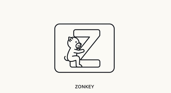 Cute cartoon bear character sitting on letter Z, Zonkey logo, alphabet icon, playful animal illustration