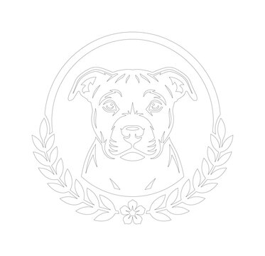 Pitbull dog head line art vector, american staffordshire terrier portrait in laurel wreath, minimalist canine emblem for pet branding and logos