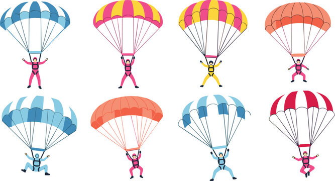 Parachuting Action Set with Colorful Parachutes and Skydivers in Various Poses for Extreme Sports, Adventure, and Outdoor Designs