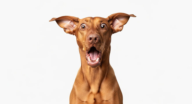 Excited brown dog with open mouth and raised ears on white background  