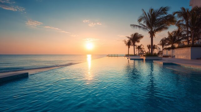 Luxury outdoor infinity swimming pool overlooking sea ocean beach at sunset sunrise time, tranquil tropical resort travel destination with glowing sky reflections, serene vacation atmosphere, scenic c