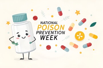 Naklejka premium A cheerful cartoon medicine bottle with a friendly face, arms, and legs stands proudly, surrounded by scattered pills and capsules, promoting awareness for national poison prevention week with vibrant