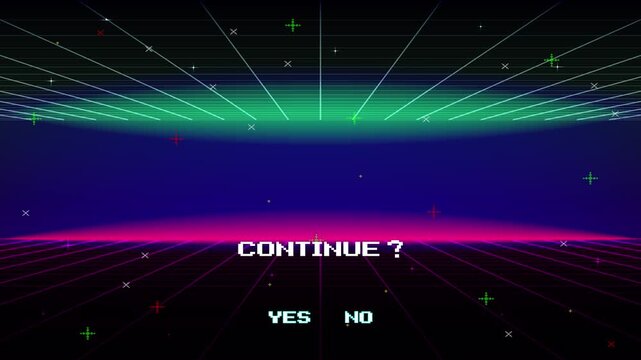 GAME OVER. continue or exiting the game's main menu. Modern trendy game background with lighting effect. for game assets.