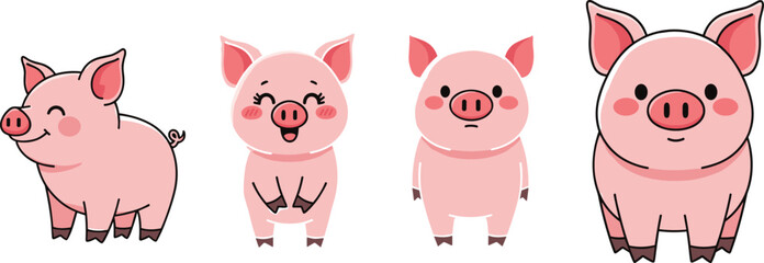 Cute Cartoon Pig Characters Set with Different Expressions and Poses, Adorable Pink Piglets, Farm Animal Mascots, and Simple Vector Illustration Collection © MdMunzurul