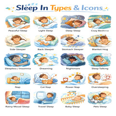 Fototapeta premium Sleep In Type Icons Set, Late Sleep and Rest Lifestyle Symbols Collection, Morning Sleep and Relaxation Line Icons, Daily Routine Vector Pack