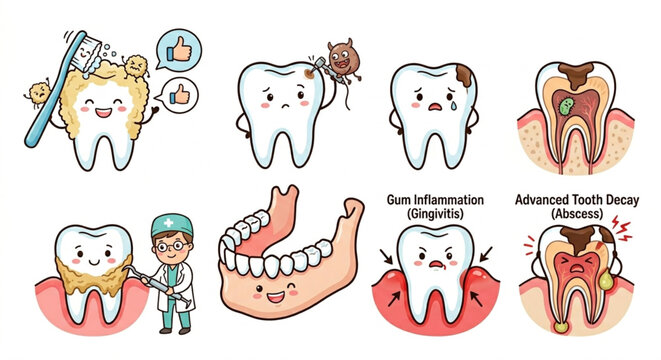 Set of educational dental health icons showing tooth decay stages, plaque buildup, and cavities in cute cartoon style isolated on white background