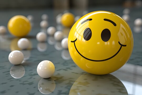 A cheerful three-dimensional yellow smiley face emoticon, featuring a wide smile and expressive dark eyes, shines brightly on a glossy reflective surface, surrounded by various smaller spheres, convey