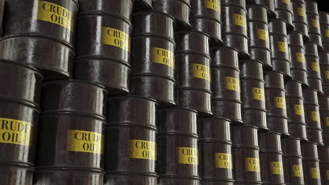 High-quality 3D render of stacked crude oil barrels with industrial lighting. Concept of energy, petroleum industry, global oil supply, storage, and fossil fuel resources. Ideal for business, economy.