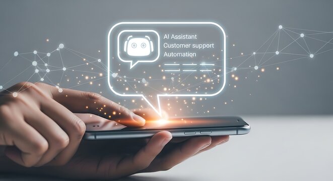 Hand holding smartphone with chatbox.