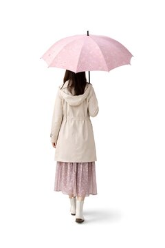 Woman with pink umbrella from behind, rainy season concept, minimal white background with copy space