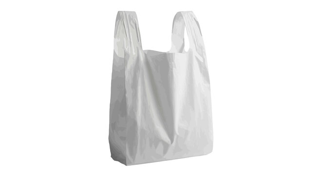 A plain white plastic shopping bag with two handles on a black background