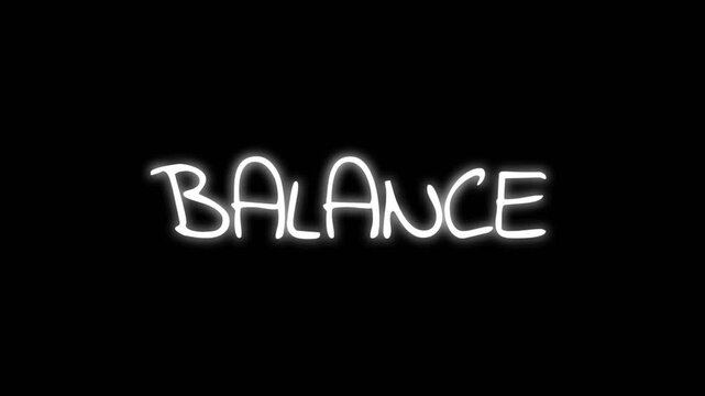 Elegant text animation displaying the word Balance in glowing white cursive on a black background, ideal for wellness themes, harmony concepts, and calming visual storytelling.
