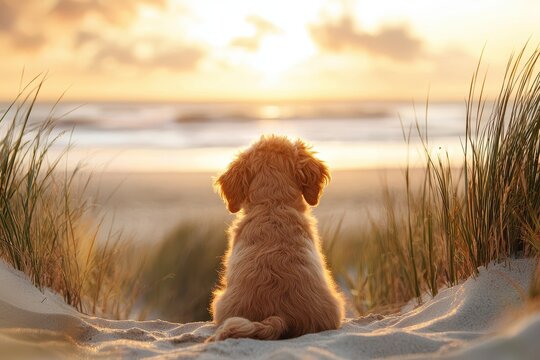 A fluffy dog sits on sandy dunes, gazing at a glowing sunset over the ocean, framed by tall grasses swaying gently in the breeze.