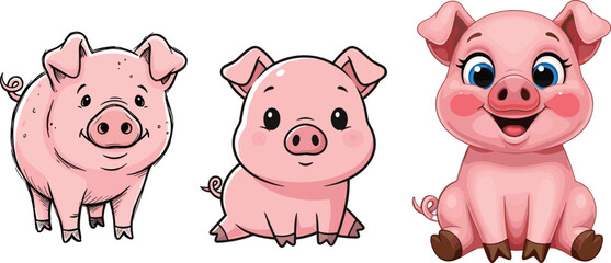Cute Cartoon Pig Characters Set with Different Styles, Funny Expressions, Adorable Farm Animal Mascots, and Playful Pink Piglets Vector Illustration © MdMunzurul