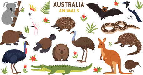 Obraz premium Illustration Set of Australian Animals Including Koala, Kangaroo, Crocodile, and More for Wildlife, Nature, and Travel Designs