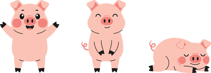 Cute Cartoon Pig Characters Set with Happy, Standing, and Sleeping Poses, Adorable Pink Piglets, and Funny Farm Animal Vector Illustration © MdMunzurul