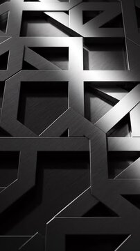 Abstract 3D geometric pattern of interlocking brushed gray steel square shapes. Close-up showing metallic texture, industrial architectural design, and dramatic lighting shadows.