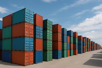 Fototapeta premium Industrial cargo storage yard featuring stacked metal shipping containers under clear blue sky, logistics terminal view, freight transport scene.