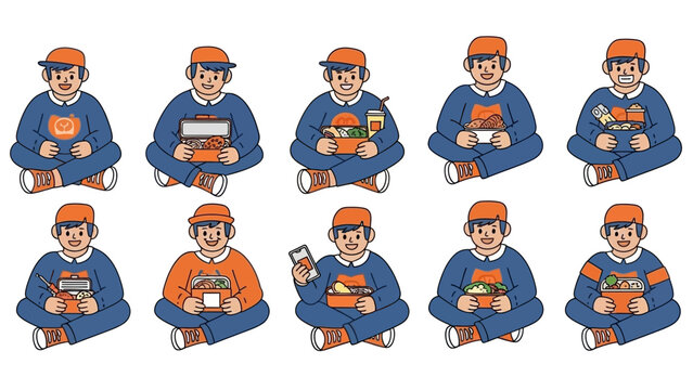 A group of ten cartoon men sitting cross-legged, each holding a different item, against a white background.