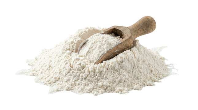heap of organic wheat flour with rustic wooden scoop sitting on top baking isolated on white or transparent background. PNG die-cut for advertising