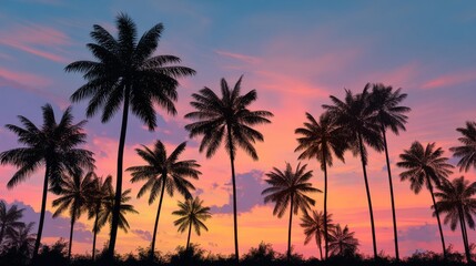 Fototapeta premium Tropical sunset sky with black palm tree silhouettes, vibrant colorful horizon over calm beach, warm evening light creating serene summer travel landscape with dramatic sky and peaceful coastal atmosp