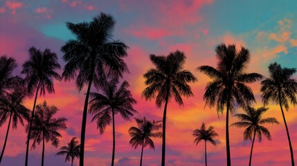 Obraz premium Tropical sunset sky with black palm tree silhouettes, vibrant colorful horizon over calm beach, warm evening light creating serene summer travel landscape with dramatic sky and peaceful coastal atmosp
