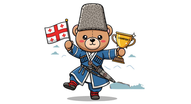 Cartoon bear in traditional georgian chokha costume holding georgian flag