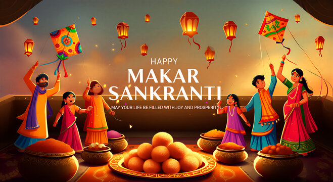 Colorful makar sankranti celebration with kites people dancing and traditional sweets in vibrant festive scene