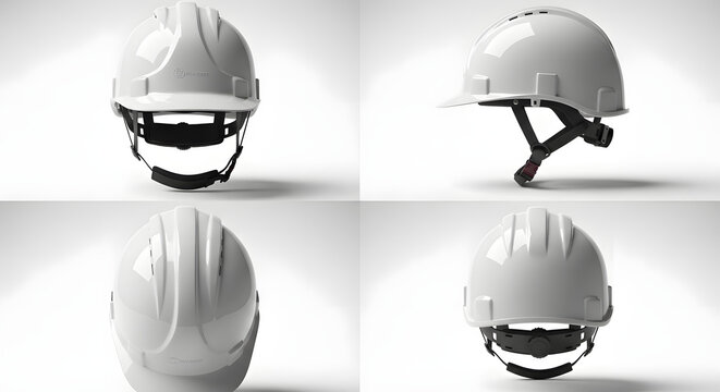 A white hard hat is shown from multiple angles on a white background