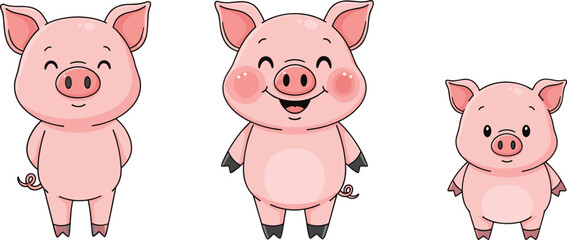 Cute Cartoon Pig Characters Vector Set with Happy Piglets in Different Poses for Kids Illustration, Farm Animal Design, and Nursery Clipart Collection © MdMunzurul