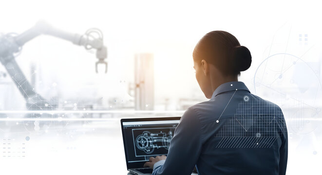 A woman in a blue shirt works on a laptop with a robotic arm in the background.