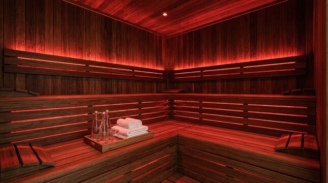 Modern infrared sauna interior with wood benches and warm red lighting