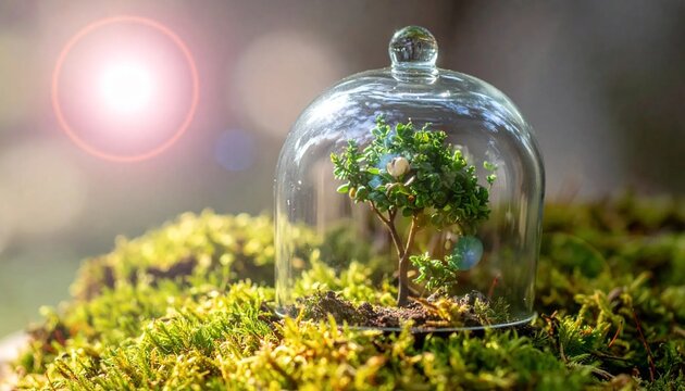 Small tree protected under glass dome on mossy ground, symbolizing environmental conservation and growth.