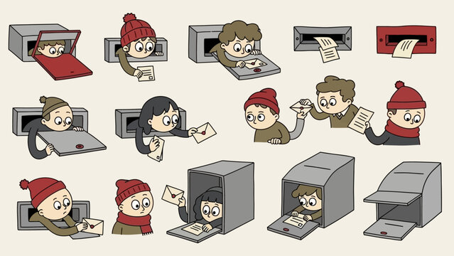 Collection of cartoon characters interacting with mailboxes and letters.