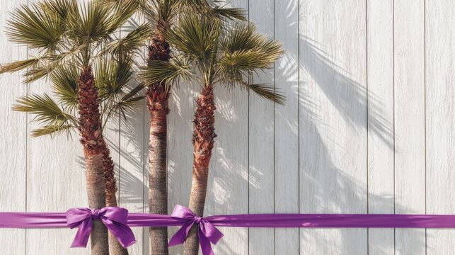 Palm leaves with elegant purple fabric sash on white wooden background, tropical minimal travel composition with natural shadows, summer vacation concept, exotic foliage frame, clean aesthetic backdro