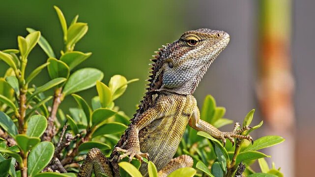 Garden Lizard Perched on Green Leafy Bush