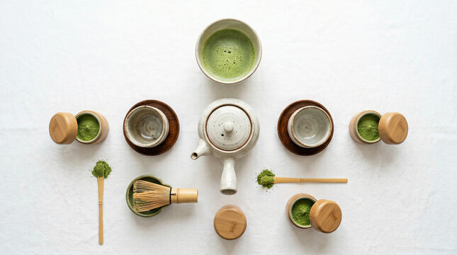 Elegant Matcha Tea Set Flat Lay on White Background