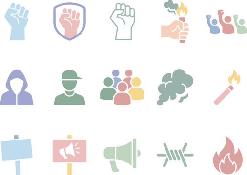 Vector collection of protest and civil unrest icons in a modern pastel flat design style, isolated on white.