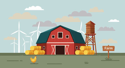 Vector illustration of red barn, wind turbines, water tower, chicken, hay bales in peaceful rural farmland © Purnomo Semlirick