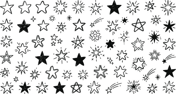 Large Collection of Hand Drawn Black Star Doodles and Sparkles in Sketchy Style for Bullet Journals, Planners, Decorative Elements, and Creative Graphic Design Projects
