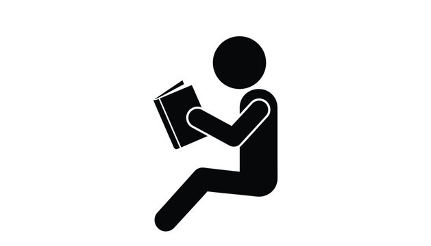 Simple vector graphic illustration of a person sitting comfortably and quietly reading an open book.