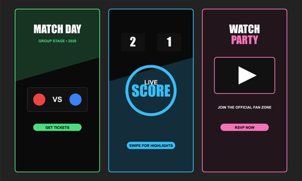 Hand-drawn digital layouts for sports social media carousels including match day highlights live score and event authentic illustration