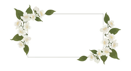 Obraz premium Illustration of a white floral border with green leaves and white flowers around a blank rectangular frame on a white background.
