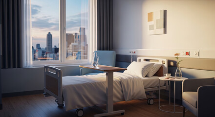 Fototapeta premium Modern hospital room with bed and city view during sunset 