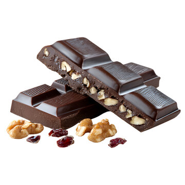 Dark chocolate bars stacked with nuts and cocoa pieces on white background