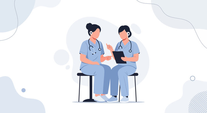 Two nurses in blue scrubs discussing medical chart on stools, healthcare concept