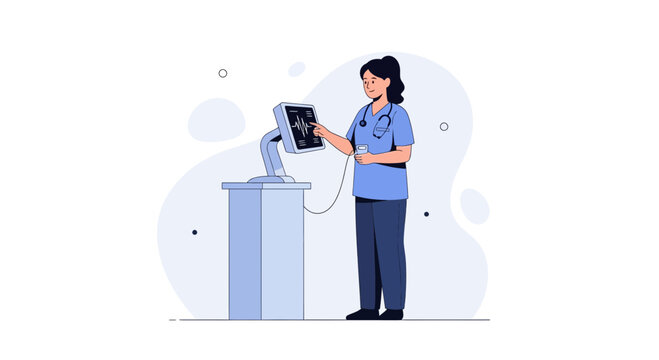 Nurse operating medical monitor with heart rhythm display