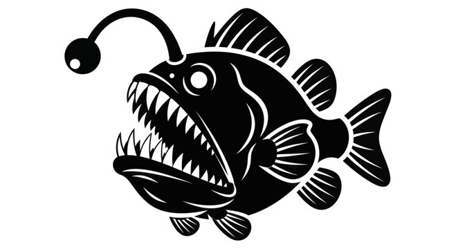 Anglerfish silhouette with sharp teeth and glowing lure.
