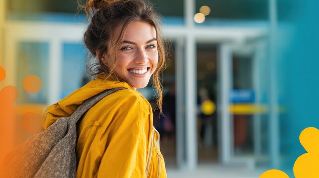 A young woman in a yellow jacket smiling outside a building.